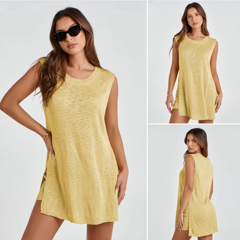 Uaneo 2 Piece Outfit Summer Knit Sweater Set Sleeveless  Tunic and short